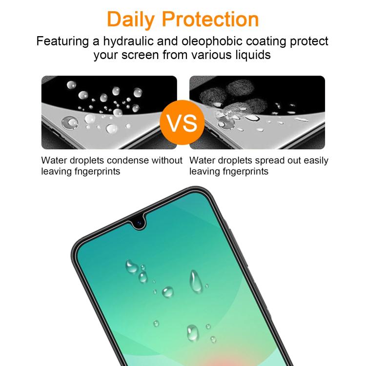10pcs xDfind 0.26mm 9H 2.5D Middle Aluminum Tempered Glass Film, For Samsung Galaxy A26 5G / M16 5G, For Samsung Galaxy A06 5G, For Samsung Galaxy A56 5G, For Samsung Galaxy A35 / M35 / A36, For Samsung Galaxy A16 4G