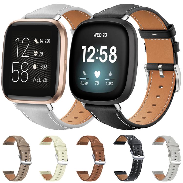 xDfind Flat Head Black Shark Fine Grain Leather Watch Band, For Fitbit Versa 2 / Versa / Versa Lite 22mm