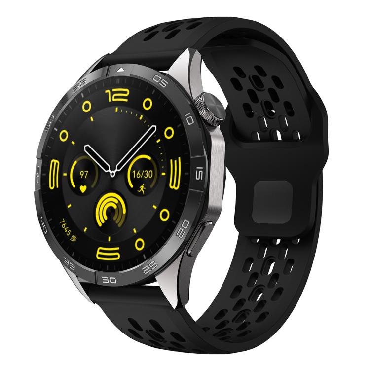 xDfind Flat Head Breathable Hole Black Buckle Silicone Watch Band, 22mm