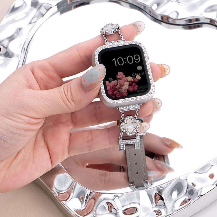 xDfind Four-leaf Clover Metal Hybrid Leather Watch Band, For Apple Watch 42 / 44 / 45 / 46 / 49mm
