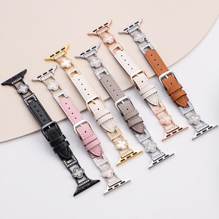 xDfind Four-leaf Clover Metal Hybrid Leather Watch Band, For Apple Watch 42 / 44 / 45 / 46 / 49mm