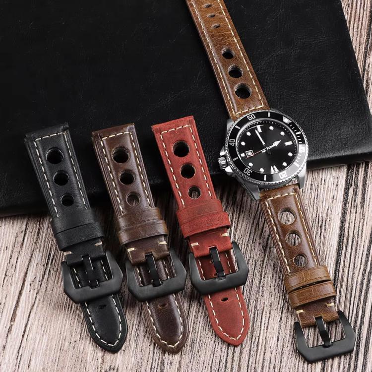 xDfind Three-hole Breathable Genuine Leather Watch Band, 24mm
