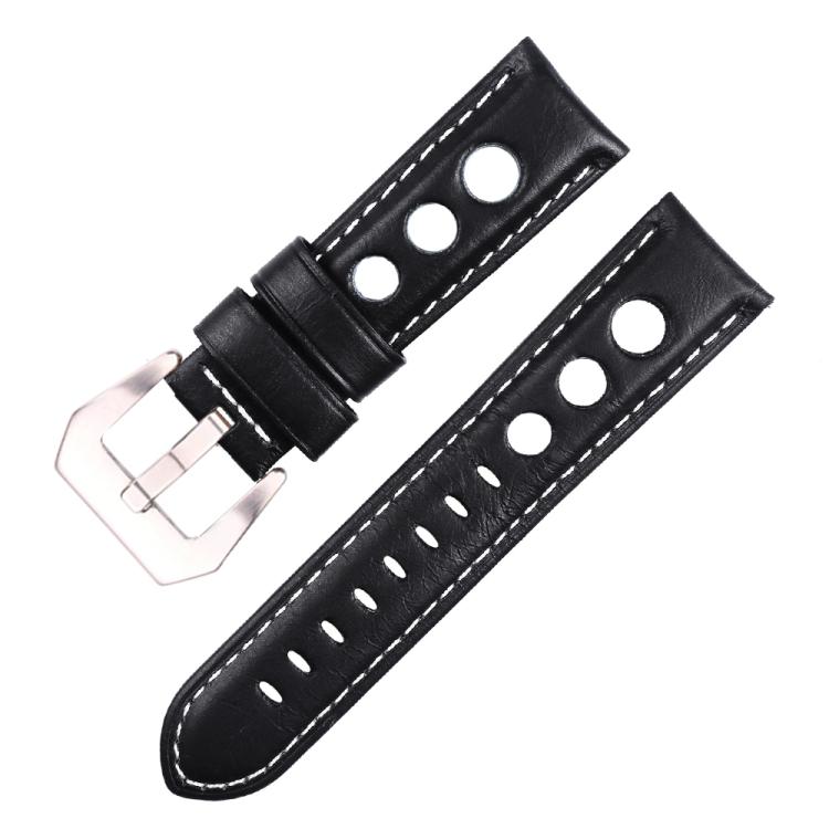 xDfind Silver Buckle Three-hole Breathable Genuine Leather Watch Band, 24mm