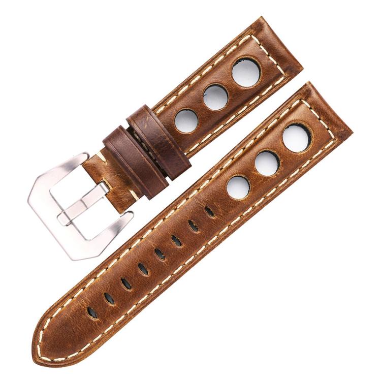 xDfind Silver Buckle Three-hole Breathable Genuine Leather Watch Band, 24mm