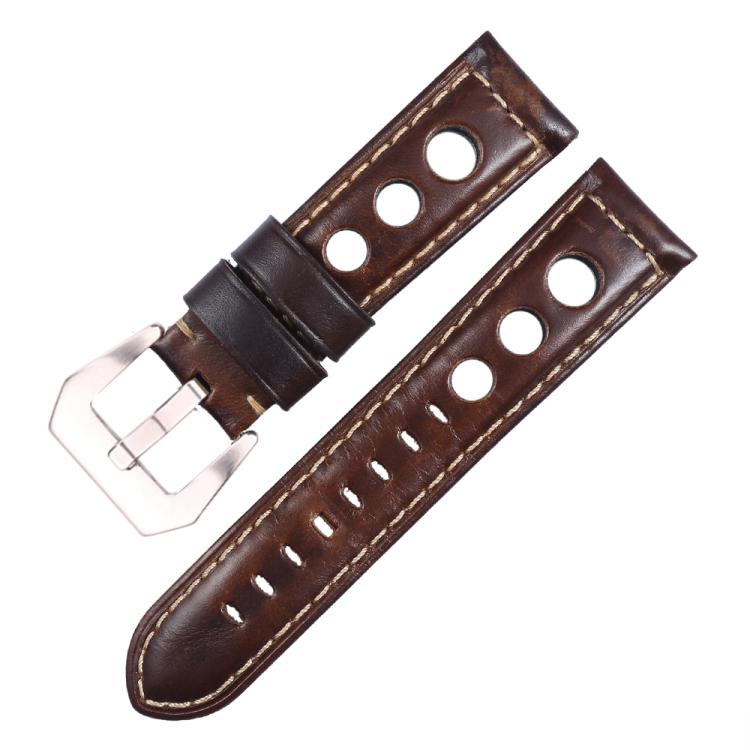xDfind Silver Buckle Three-hole Breathable Genuine Leather Watch Band, 24mm