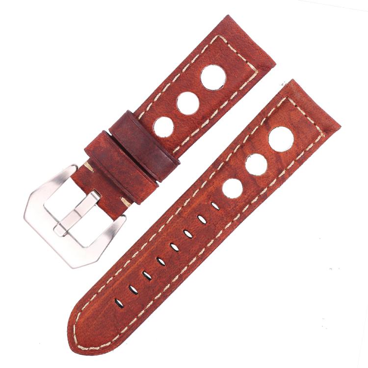 xDfind Silver Buckle Three-hole Breathable Genuine Leather Watch Band, 24mm