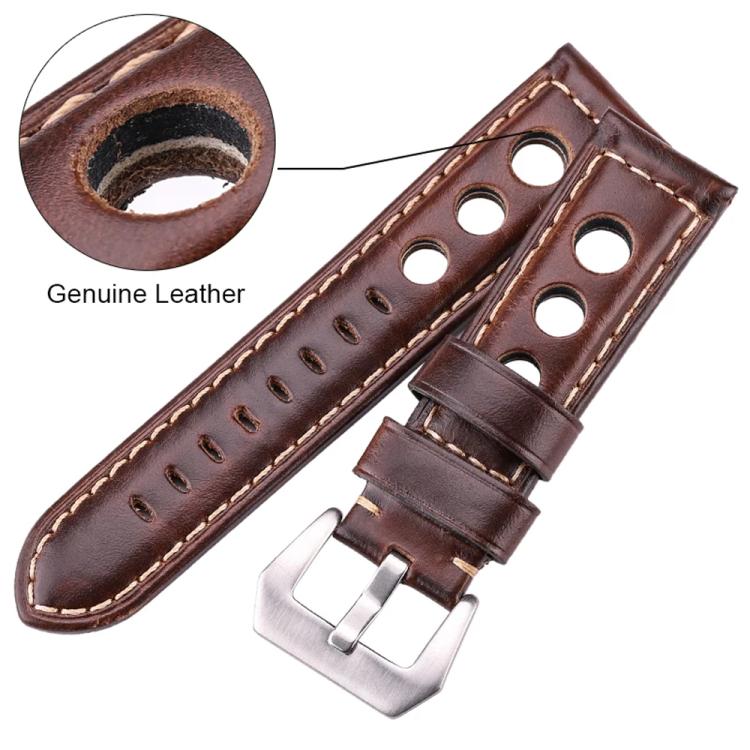 xDfind Silver Buckle Three-hole Breathable Genuine Leather Watch Band, 22mm