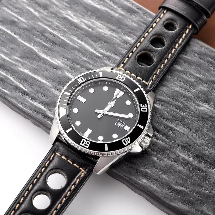 xDfind Silver Buckle Three-hole Breathable Genuine Leather Watch Band, 24mm
