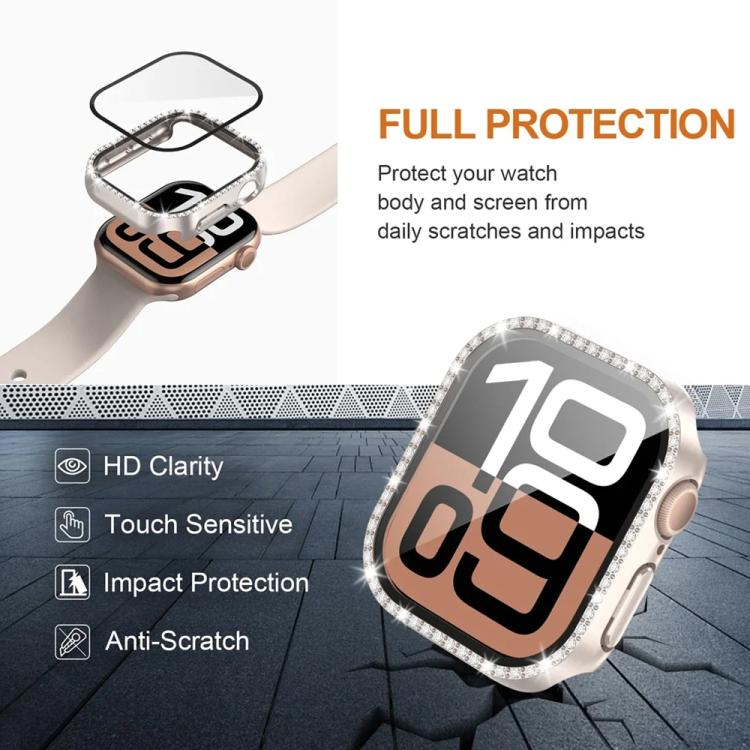 xDfind Single Row Diamond Tempered Glass Film Integrated PC Watch Case, For Apple Watch Series 11 42mm / 10 42mm