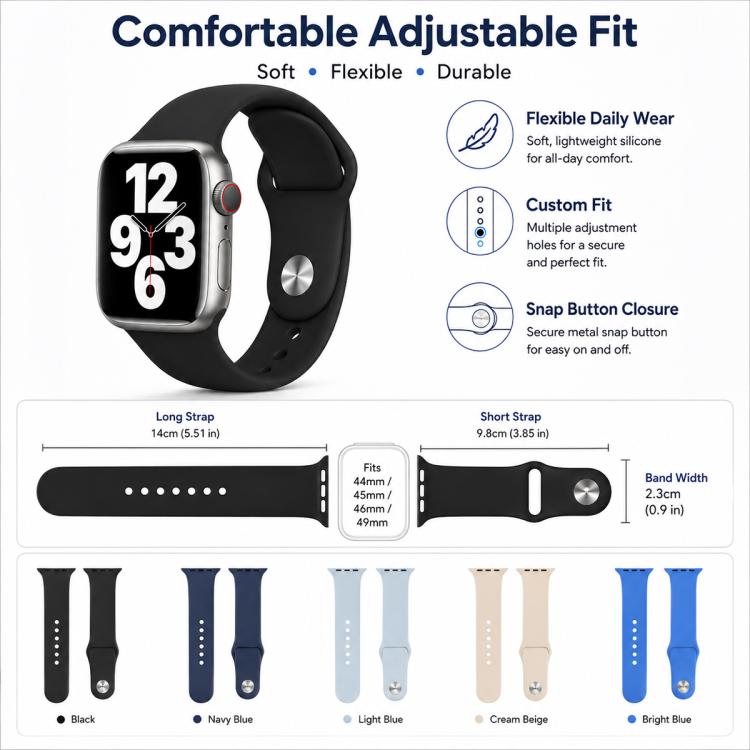 5 Pack xDfind Solid Color Silicone Sports Watch Band, For Apple Watch 42 / 44 / 45 / 46 / 49mm, For Apple Watch 38 / 40 / 41 / S11 42mm