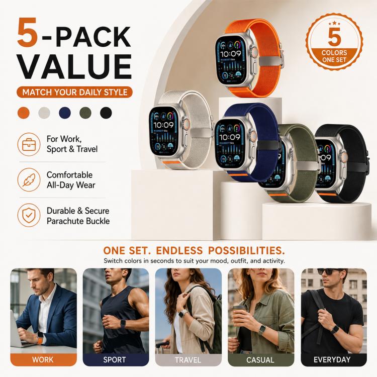 5 Pack xDfind Parachute Buckle Stretch Nylon Watch Band, For Apple Watch 42 / 44 / 45 / 46 / 49mm, For Apple Watch 38 / 40 / 41 / S11 42mm