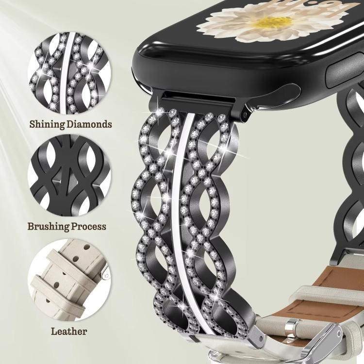 xDfind Diamond Stainless Steel Hybrid Genuine Leather Watch Band, For Apple Watch 42 / 44 / 45 / 46 / 49mm