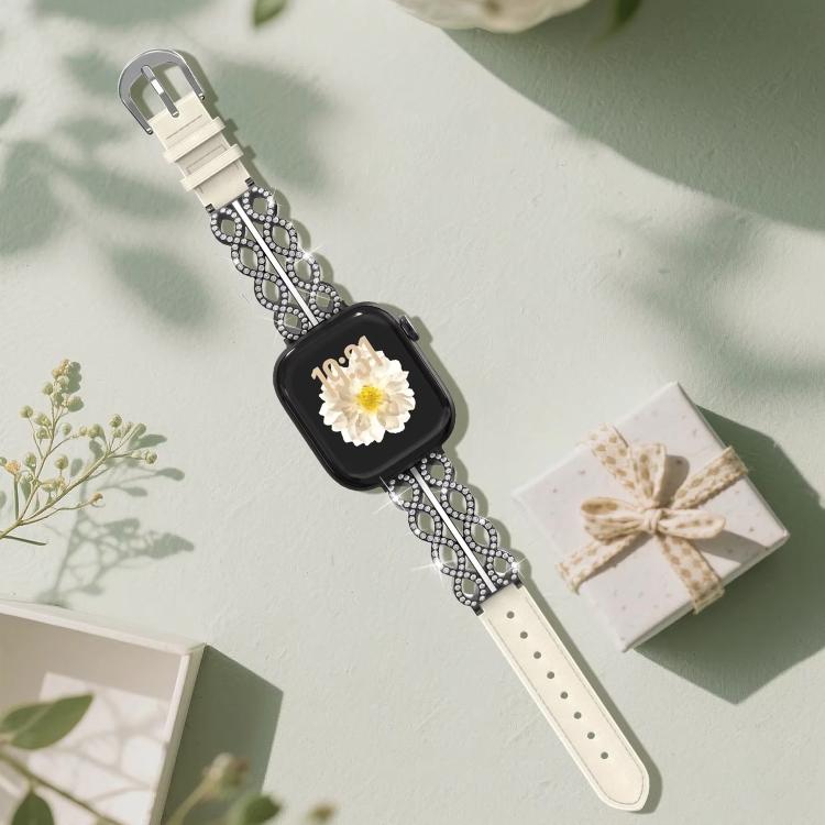 xDfind Diamond Stainless Steel Hybrid Genuine Leather Watch Band, For Apple Watch 42 / 44 / 45 / 46 / 49mm