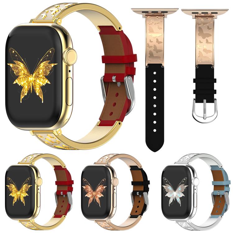 xDfind Butterfly Stainless Steel Hybrid Genuine Leather Watch Band, For Apple Watch 42 / 44 / 45 / 46 / 49mm