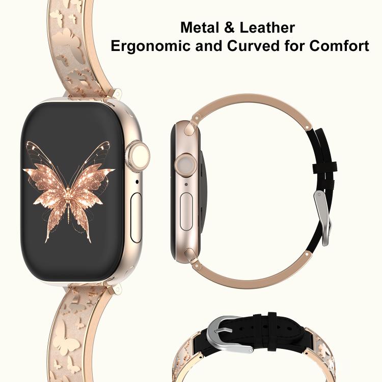 xDfind Butterfly Stainless Steel Hybrid Genuine Leather Watch Band, For Apple Watch 42 / 44 / 45 / 46 / 49mm