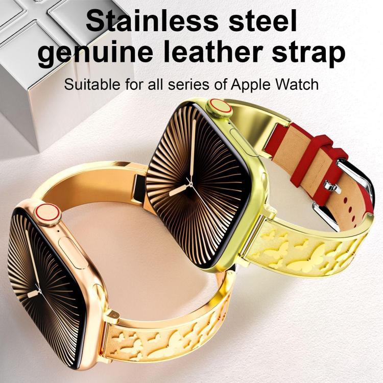 xDfind Butterfly Stainless Steel Hybrid Genuine Leather Watch Band, For Apple Watch 42 / 44 / 45 / 46 / 49mm