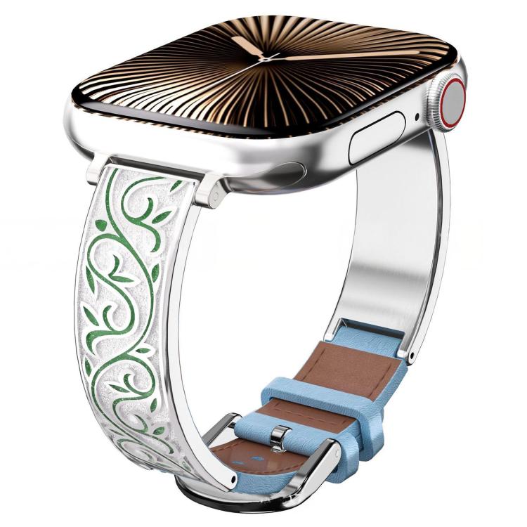 xDfind Retro Floral Carving Stainless Steel Hybrid Genuine Leather Watch Band, For Apple Watch 42 / 44 / 45 / 46 / 49mm