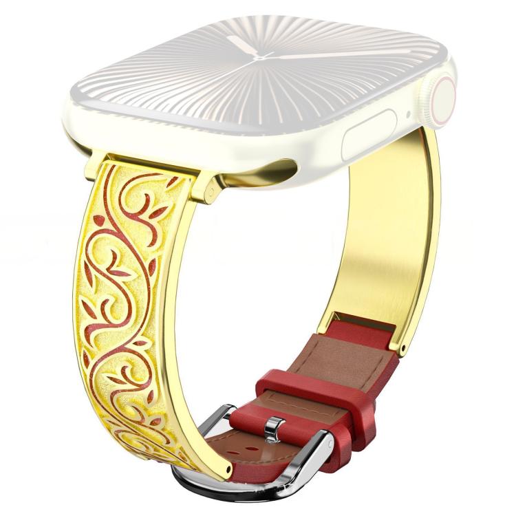 xDfind Retro Floral Carving Stainless Steel Hybrid Genuine Leather Watch Band