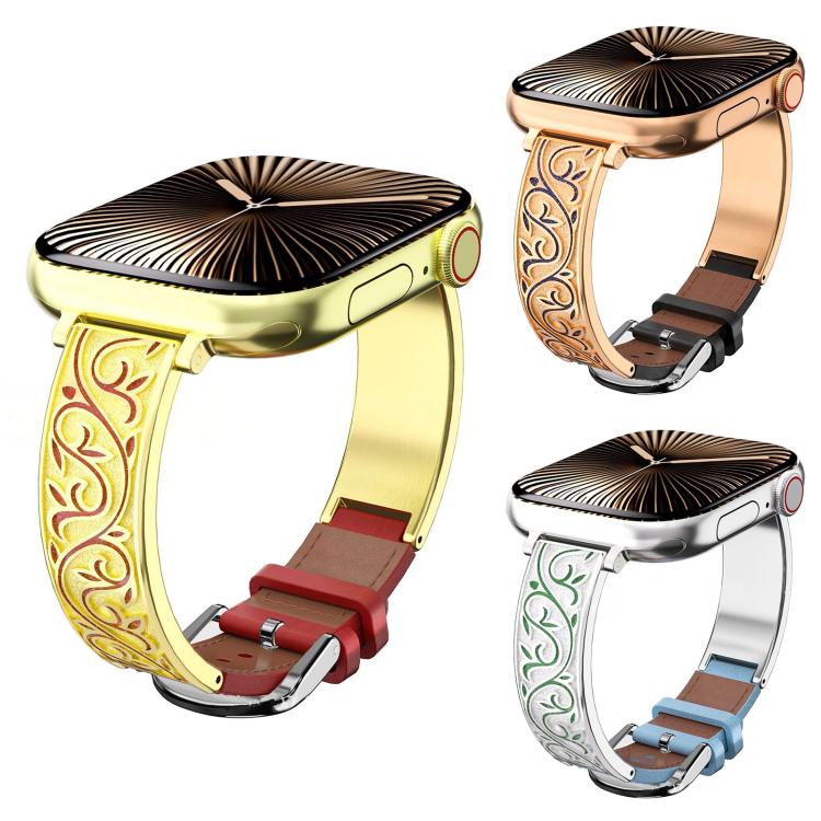 xDfind Retro Floral Carving Stainless Steel Hybrid Genuine Leather Watch Band, For Apple Watch 42 / 44 / 45 / 46 / 49mm