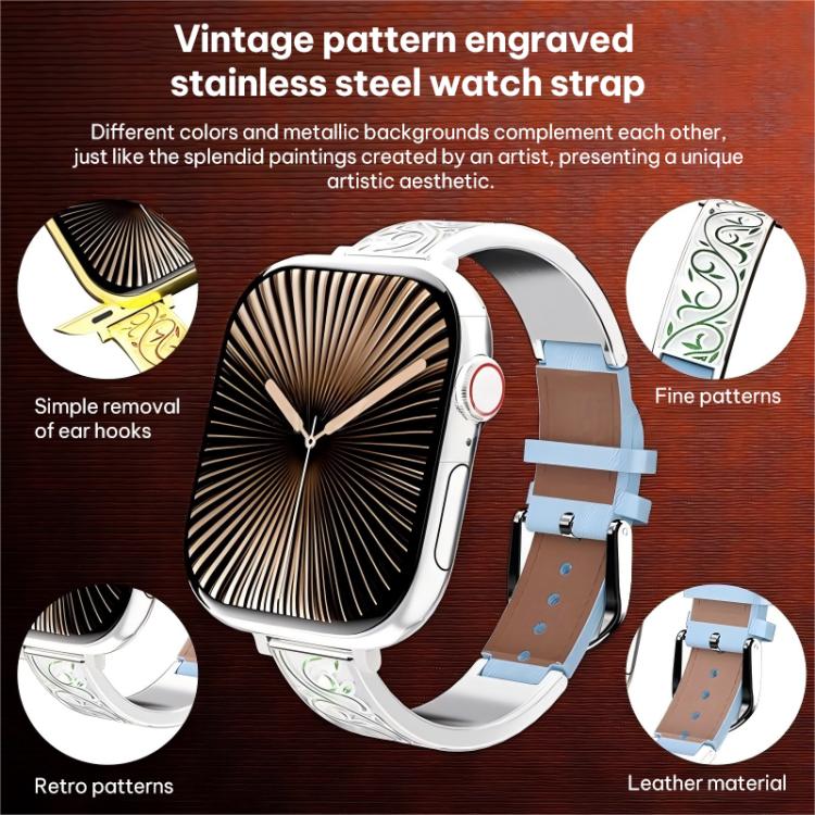 xDfind Retro Floral Carving Stainless Steel Hybrid Genuine Leather Watch Band, For Apple Watch 42 / 44 / 45 / 46 / 49mm