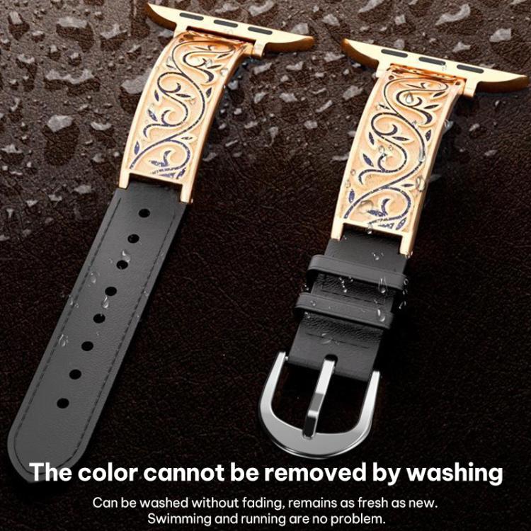 xDfind Retro Floral Carving Stainless Steel Hybrid Genuine Leather Watch Band, For Apple Watch 42 / 44 / 45 / 46 / 49mm