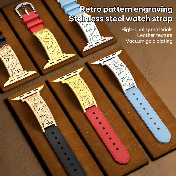 xDfind Retro Floral Carving Stainless Steel Hybrid Genuine Leather Watch Band, For Apple Watch 38 / 40 / 41 / S11 42mm