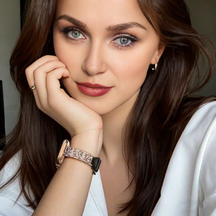 xDfind Retro Floral Carving Stainless Steel Hybrid Genuine Leather Watch Band