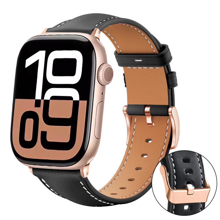 xDfind Rose Gold Buckle Black Shark Fine Grain Vegan Leather Watch Band, For Apple Watch 42 / 44 / 45 / 46 / 49mm