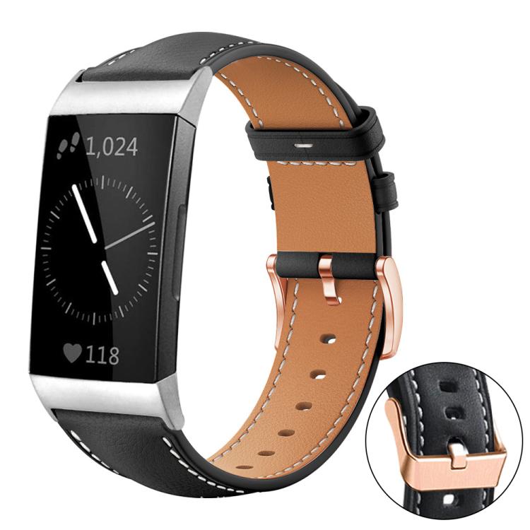 xDfind Rose Gold Buckle Black Shark Fine Grain Vegan Leather Watch Band, For Fitbit Charge 4 / 3