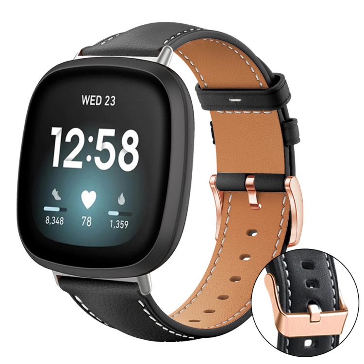 xDfind Rose Gold Buckle Black Shark Fine Grain Vegan Leather Watch Band, For Fitbit Versa 4 / 3 / Sense2 / 1