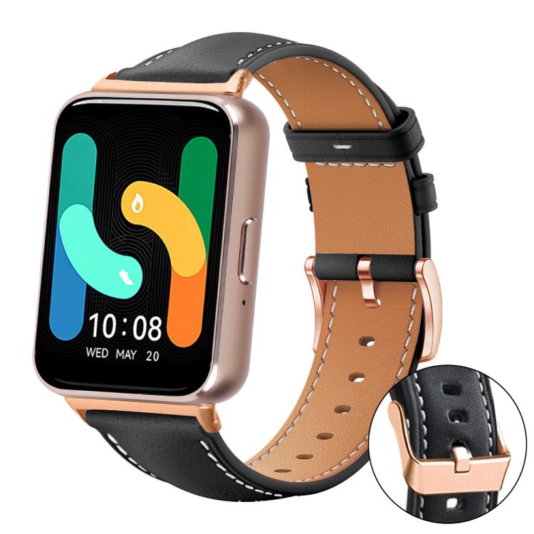 xDfind Rose Gold Buckle Black Shark Fine Grain Vegan Leather Watch Band, For Samsung Galaxy Fit3