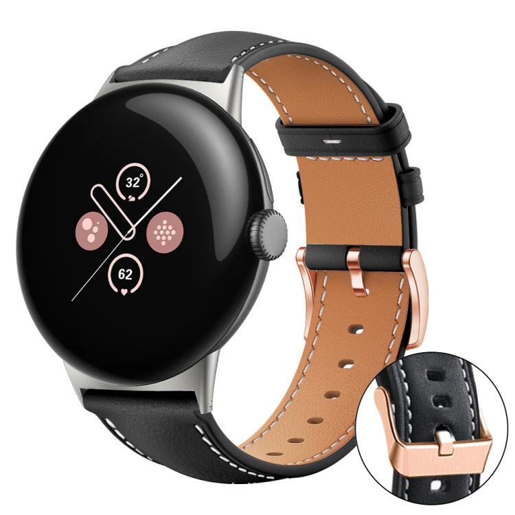 xDfind Rose Gold Buckle Black Shark Fine Grain Vegan Leather Watch Band, For Google Pixel Watch 4 / 3 / 2 / 1 41mm