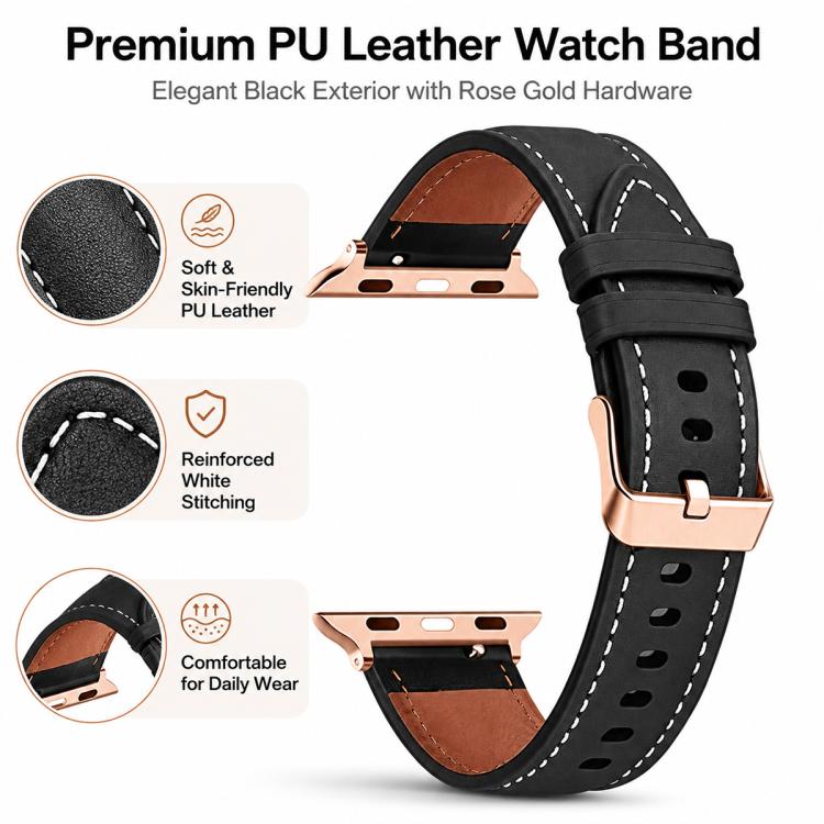 5 Pack xDfind Rose Gold Buckle Black Shark Fine Grain Vegan Leather Watch Band, For Apple Watch 42 / 44 / 45 / 46 / 49mm, For Apple Watch 38 / 40 / 41 / S11 42mm