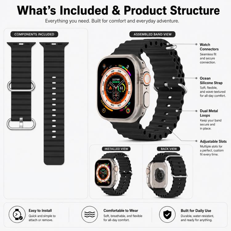 5 Pack xDfind Ocean Silicone Watch Band, For Apple Watch 42 / 44 / 45 / 46 / 49mm, For Apple Watch 38 / 40 / 41 / S11 42mm