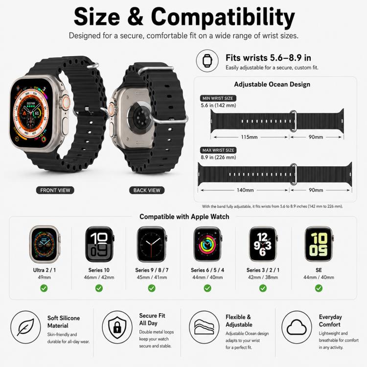 5 Pack xDfind Ocean Silicone Watch Band, For Apple Watch 42 / 44 / 45 / 46 / 49mm, For Apple Watch 38 / 40 / 41 / S11 42mm
