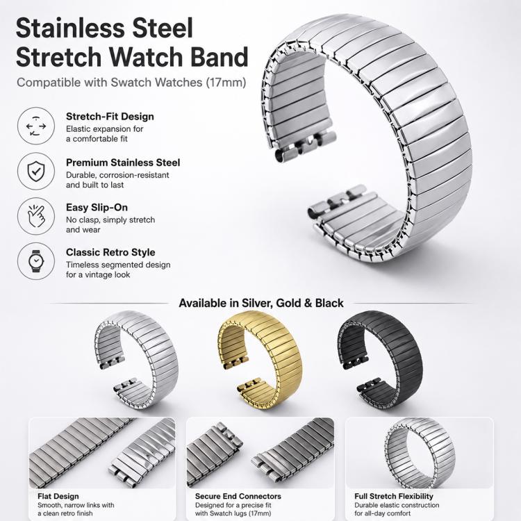xDfind Trapezoid Stainless Steel Spring Elasticity Watch Band, For Swatch 17mm