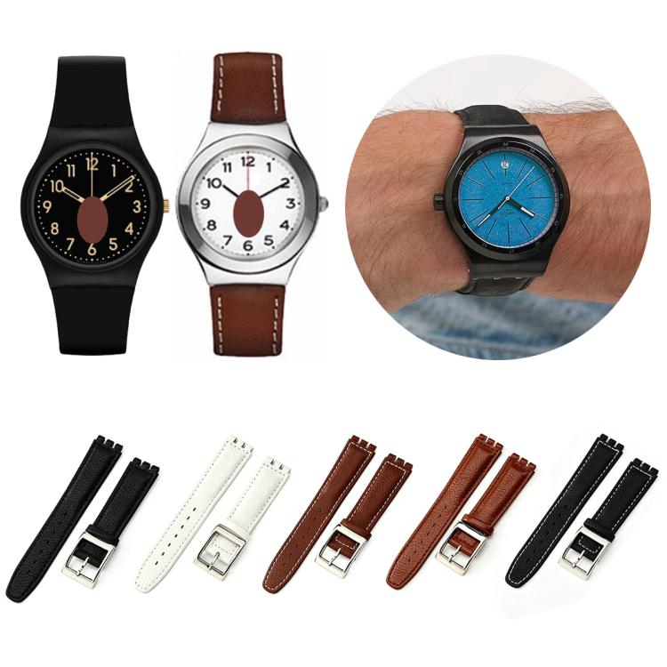 xDfind Convex Mouth Steel-colored Buckle Litchi Texture Genuine Leather Watch Band, For Swatch 17mm