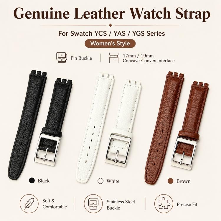 xDfind Convex Mouth Steel-colored Buckle Litchi Texture Genuine Leather Watch Band, For Swatch 17mm