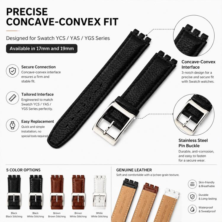 xDfind Convex Mouth Steel-colored Buckle Litchi Texture Genuine Leather Watch Band, For Swatch 17mm