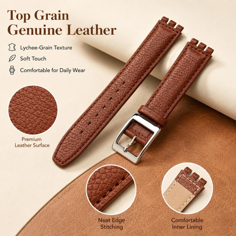 xDfind Convex Mouth Steel-colored Buckle Litchi Texture Genuine Leather Watch Band, For Swatch 17mm