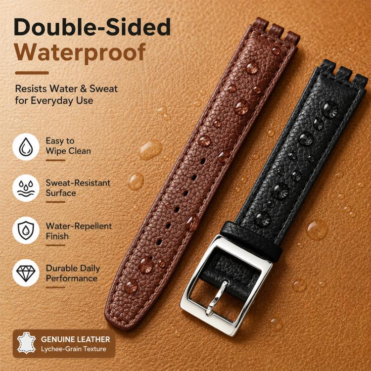 xDfind Convex Mouth Steel-colored Buckle Litchi Texture Genuine Leather Watch Band, For Swatch 17mm