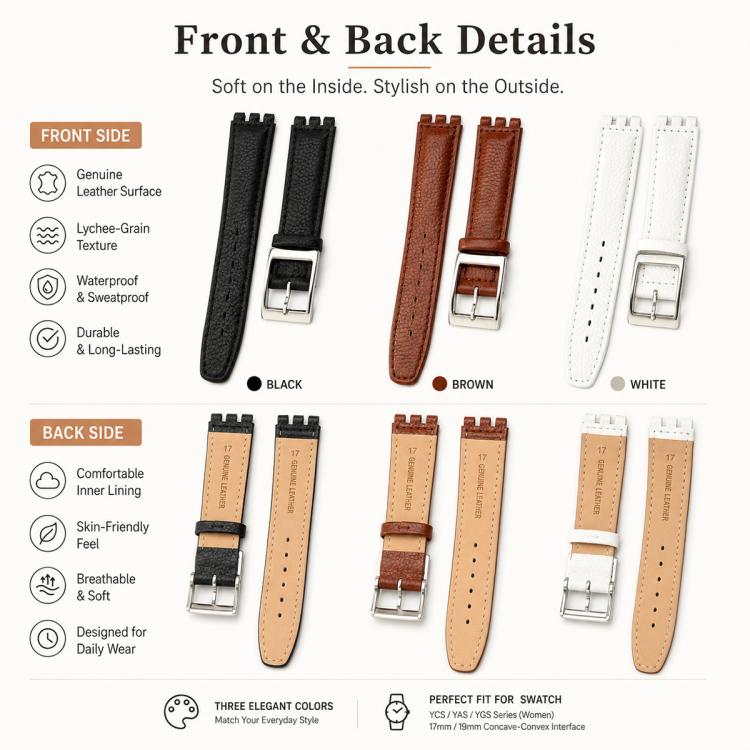 xDfind Convex Mouth Steel-colored Buckle Litchi Texture Genuine Leather Watch Band, For Swatch 17mm