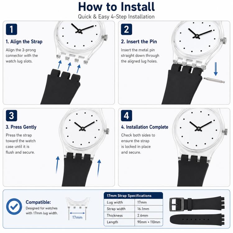xDfind Convex Mouth Solid Color Silicone Watch Band, For Swatch 17mm