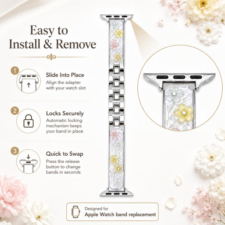 xDfind Floral Epoxy Metal Bracelet Strap Watch Band, For Apple Watch 38 / 40 / 41 / S11 42mm