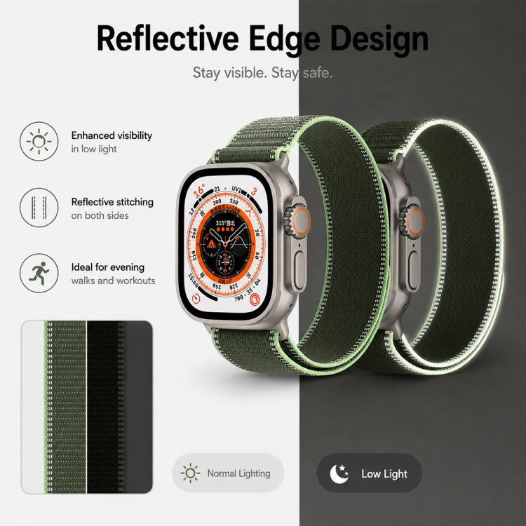 xDfind Adjustable Hook And Loop Fastener Reflective Nylon Loop Watch Band, For Apple Watch 42 / 44 / 45 / 46 / 49mm