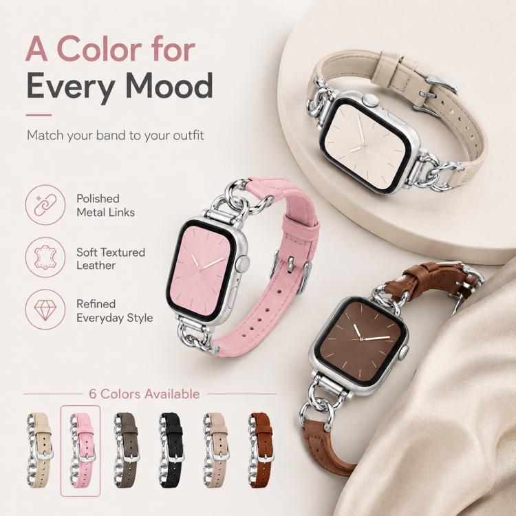 xDfind Metal Chain Vegan Leather Watch Band, For Apple Watch 46mm / 49mm / 45mm / 44mm