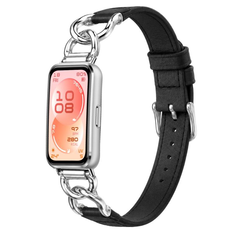 xDfind Metal Chain Vegan Leather Watch Band, For Huawei Band 11 Pro / 11 Pro NFC / 11