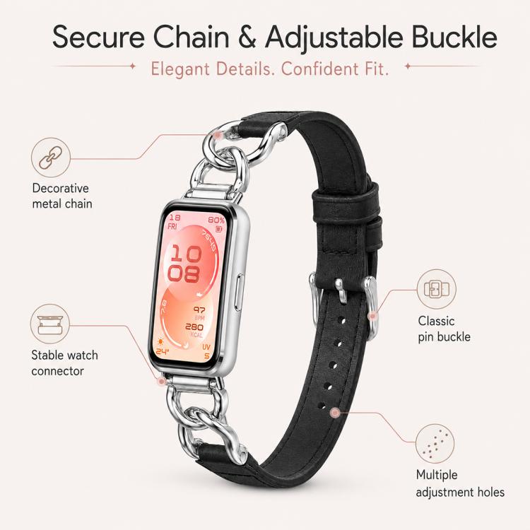 xDfind Metal Chain Vegan Leather Watch Band, For Huawei Band 11 Pro / 11 Pro NFC / 11