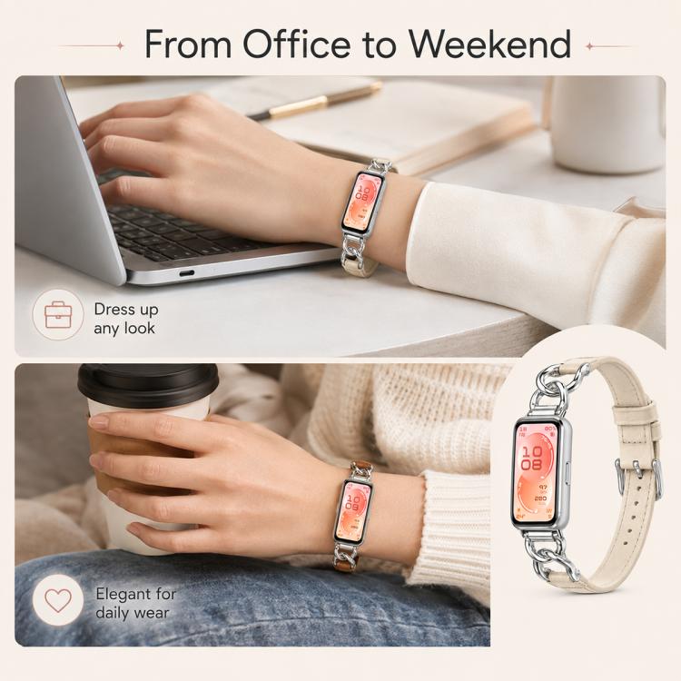 xDfind Metal Chain Vegan Leather Watch Band, For Huawei Band 11 Pro / 11 Pro NFC / 11