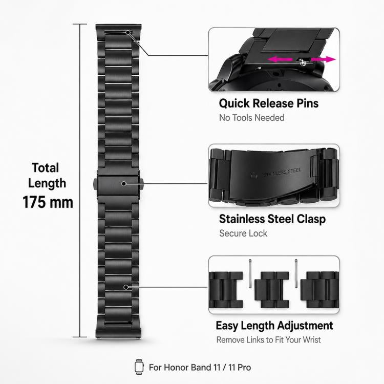 xDfind Three Beads Stainless Steel Watch Band, For Honor Band 11 / Band 11 Pro